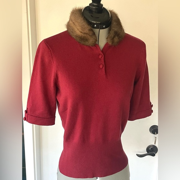 Urchin Silk&Cashmere Short Sleeve Sweater w/Faux Fur Collar, cranberry, S - Picture 4 of 12